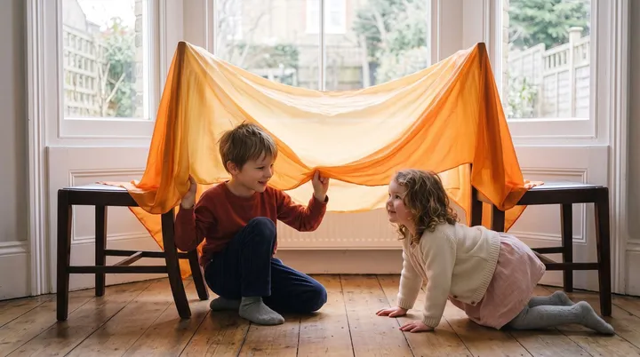 Two children under a deep orange silk draped across two dining chairs by a bay window, a boy kneeling inside the den and a younger girl crawling in to join him